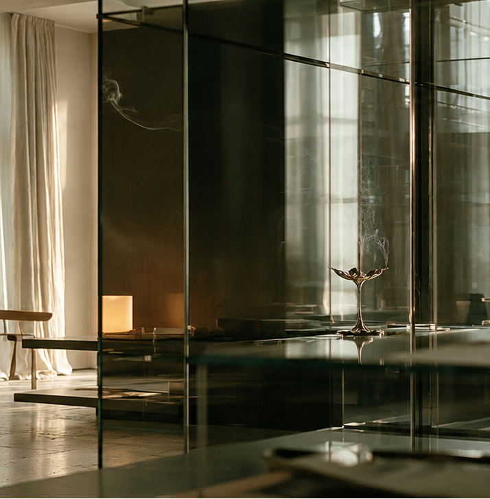 A modern interior scene with glass shelving, a long table, a chair, and a draped throw blanket in a sunlit room with tall windows and sheer curtains.